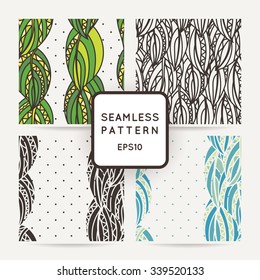 Set of four seamless decorative patterns with zentangle leaves. Ornate illustrations.