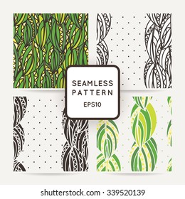 Set of four seamless decorative patterns with zentangle leaves. Ornate illustrations.