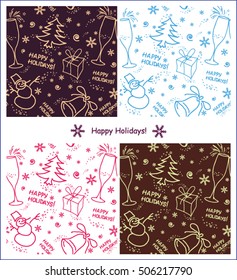 Set of four seamless doodle backgrounds, Christmas, New Year, winter holidays.