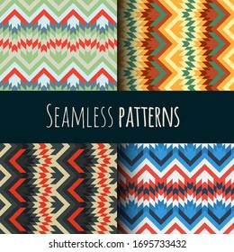 Set of four seamless ethnic patterns. Geometric backgrounds. Stylish fabrics, modern abstract wallpaper. Vector illustration.