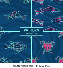 Set of four seamless fashion colorful fish and turtle patterns. Australian art. Aboriginal painting style, aboriginal ornament. Animals of Australia. Modern stylish textures. Vector color backgrounds.