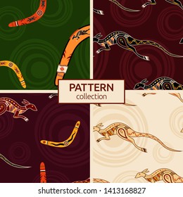 Set of four seamless fashion colorful australian patterns. Australian art. Aboriginal painting style, aboriginal ornament. Animals of Australia. Modern stylish textures. Vector color backgrounds.