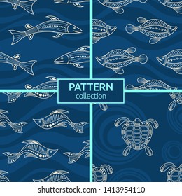 Set of four seamless fashion colorful fish patterns. Australian art. Aboriginal painting style, aboriginal ornament. Animals of Australia. Modern stylish textures. Vector color backgrounds.