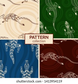 Set of four seamless fashion colorful australian animals patterns. Australian art. Aboriginal painting style, aboriginal ornament. Modern stylish textures. Vector color backgrounds.