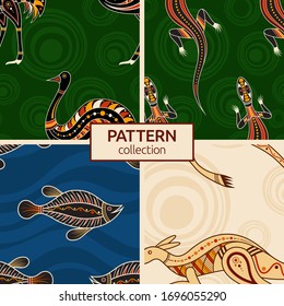 Set of four seamless fashion colorful australian animals patterns. Australian art. Aboriginal painting style, aboriginal ornament. Modern stylish textures. Vector color backgrounds.