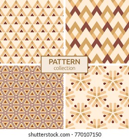 Set of four seamless fashion colorful patterns. Abstract geometric shapes color patterns. Patterns of triangles, corners, symmetric geometric shapes. Beige & brown colors. Vector ethnic backgrounds.