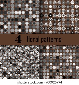Set of four seamless floral pattern with colored elements, vector abstract background, colorful floral background