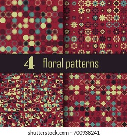 Set of four seamless floral pattern with colored elements, vector abstract background, colorful floral background