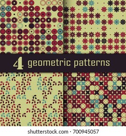 Set of four seamless floral pattern with colored elements, vector abstract background, colorful floral background
