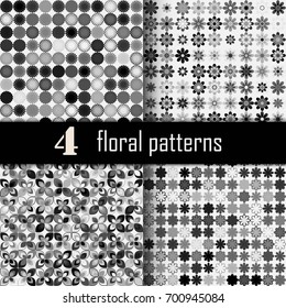 Set of four seamless floral pattern with colored elements, vector abstract background, colorful floral background