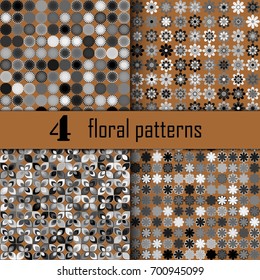 Set of four seamless floral pattern with colored elements, vector abstract background, colorful floral background