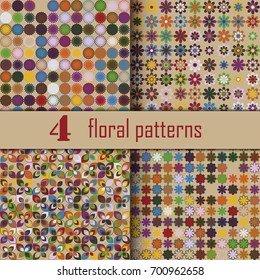 Set of four seamless floral pattern with colored elements, vector abstract background