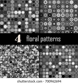 Set of four seamless floral pattern with colored elements, vector abstract background