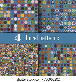 Set of four seamless floral pattern with colored elements, vector abstract background, colorful floral background