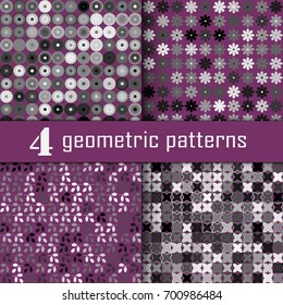 Set of four seamless floral pattern with colored elements, vector abstract background, colorful floral background