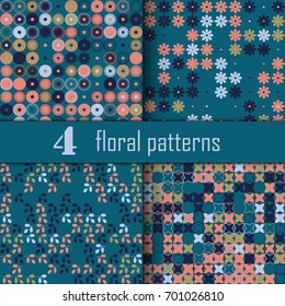Set of four seamless floral pattern with colored elements, vector abstract background, colorful floral background