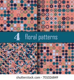 Set of four seamless floral pattern with colored elements, vector abstract background, colorful floral background
