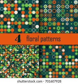 Set of four seamless floral pattern with colored elements, vector abstract background, colorful floral background