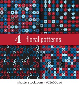Set of four seamless floral pattern with colored elements, vector abstract background, colorful floral background