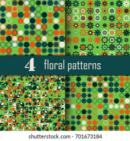 Set of four seamless floral pattern with colored elements, vector abstract background, colorful floral background