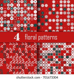 Set of four seamless floral pattern with colored elements, vector abstract background, colorful floral background