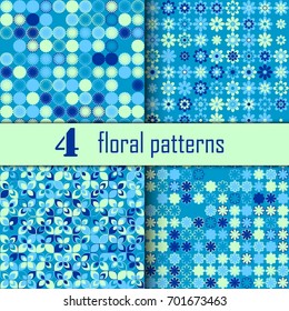 Set of four seamless floral pattern with colored elements, vector abstract background, colorful floral background