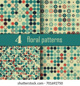 Set of four seamless floral pattern with colored elements, vector abstract background, colorful floral background