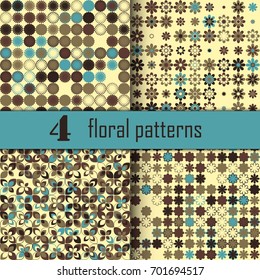 Set of four seamless floral pattern with colored elements, vector abstract background, colorful floral background