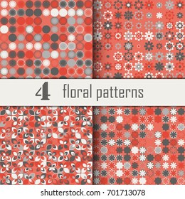 Set of four seamless floral pattern with colored elements, vector abstract background, colorful floral background