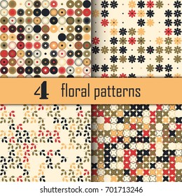 Set of four seamless floral pattern with colored elements, vector abstract background, colorful floral background