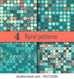 Set of four seamless floral pattern with colored elements, vector abstract background, colorful floral background