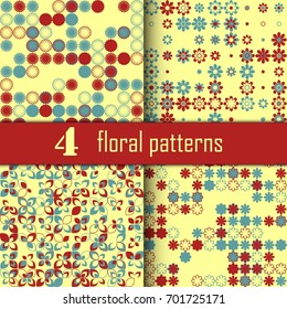 Set of four seamless floral pattern with colored elements, vector abstract background, colorful floral background