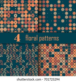 Set of four seamless floral pattern with colored elements, vector abstract background, colorful floral background