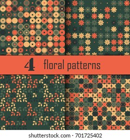Set of four seamless floral pattern with colored elements, vector abstract background, colorful floral background