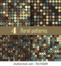 Set of four seamless floral pattern with colored elements, vector abstract background, colorful floral background