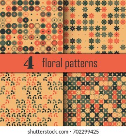 Set of four seamless floral pattern with colored elements, vector abstract background, colorful floral background