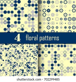 Set of four seamless floral pattern with colored elements, vector abstract background, colorful floral background