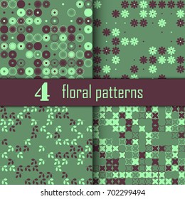 Set of four seamless floral pattern with colored elements, vector abstract background, colorful floral background