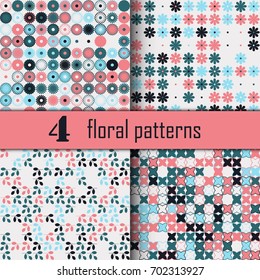 Set of four seamless floral pattern with colored elements, vector abstract background, colorful floral background