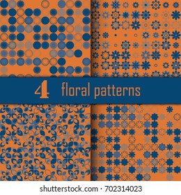 Set of four seamless floral pattern with colored elements, vector abstract background, colorful floral background