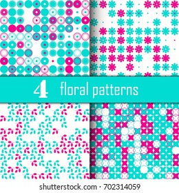 Set of four seamless floral pattern with colored elements, vector abstract background, colorful floral background