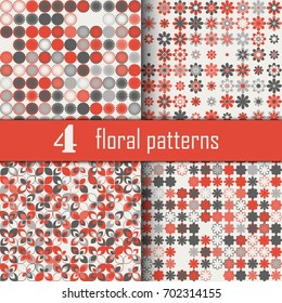 Set of four seamless floral pattern with colored elements, vector abstract background, colorful floral background