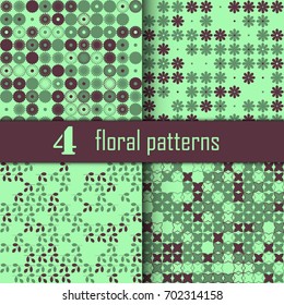 Set of four seamless floral pattern with colored elements, vector abstract background, colorful floral background