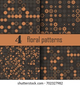 Set of four seamless floral pattern with colored elements, vector abstract background, colorful floral background