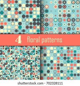 Set of four seamless floral pattern with colored elements, vector abstract background, colorful floral background
