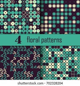 Set of four seamless floral pattern with colored elements, vector abstract background, colorful floral background