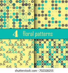 Set of four seamless floral pattern with colored elements, vector abstract background, colorful floral background