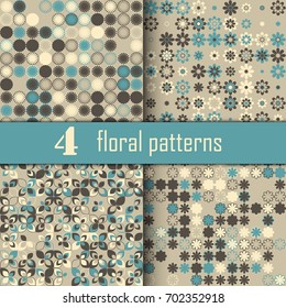 Set of four seamless floral pattern with colored elements, vector abstract background, colorful floral background