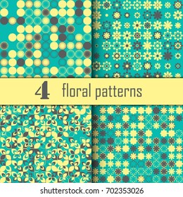 Set of four seamless floral pattern with colored elements, vector abstract background, colorful floral background