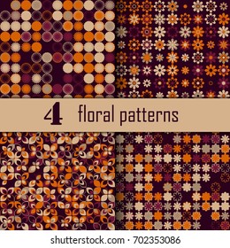 Set of four seamless floral pattern with colored elements, vector abstract background, colorful floral background